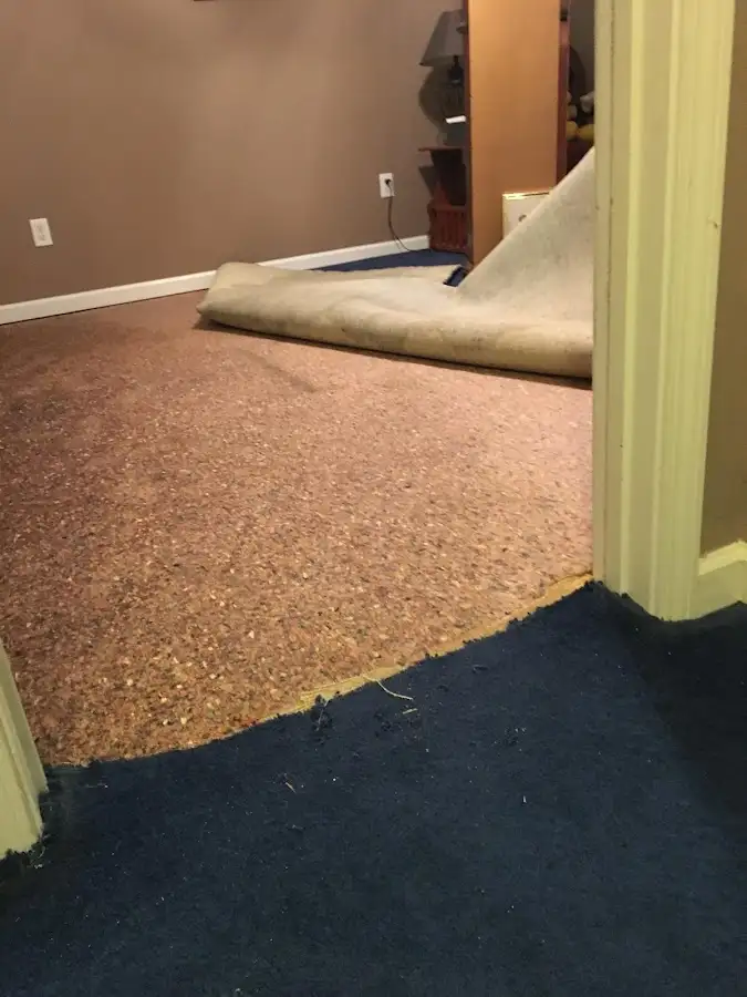 Carpet pad removal revealing water damage during Drying & Dehumidification in Schererville